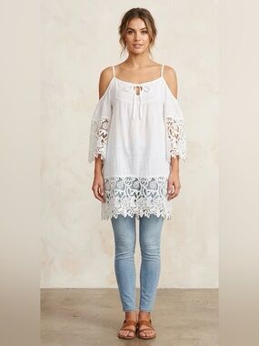 Boho White Cold Shoulder Crochet Lace Tunic Dress Made in Italy